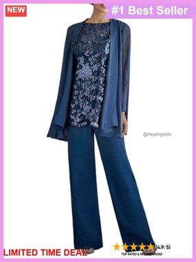 Women's 3 Piece Pants Suit Set Mother of Bride Wedding Outfit Sleeveless Lace